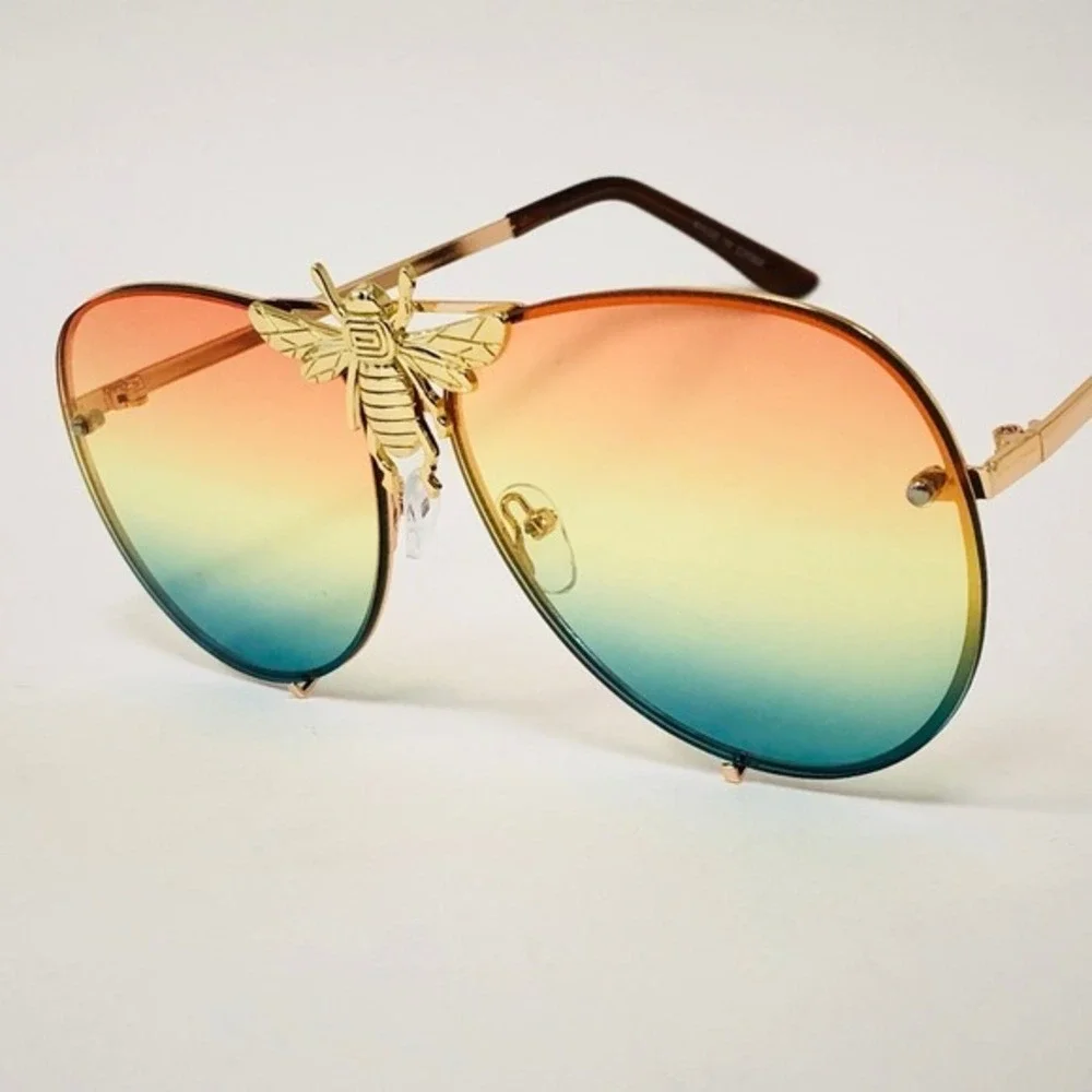 Aviator Sunglasses Rainbow Lens Gold Bee‎ Accent Fashion Sun Glasses